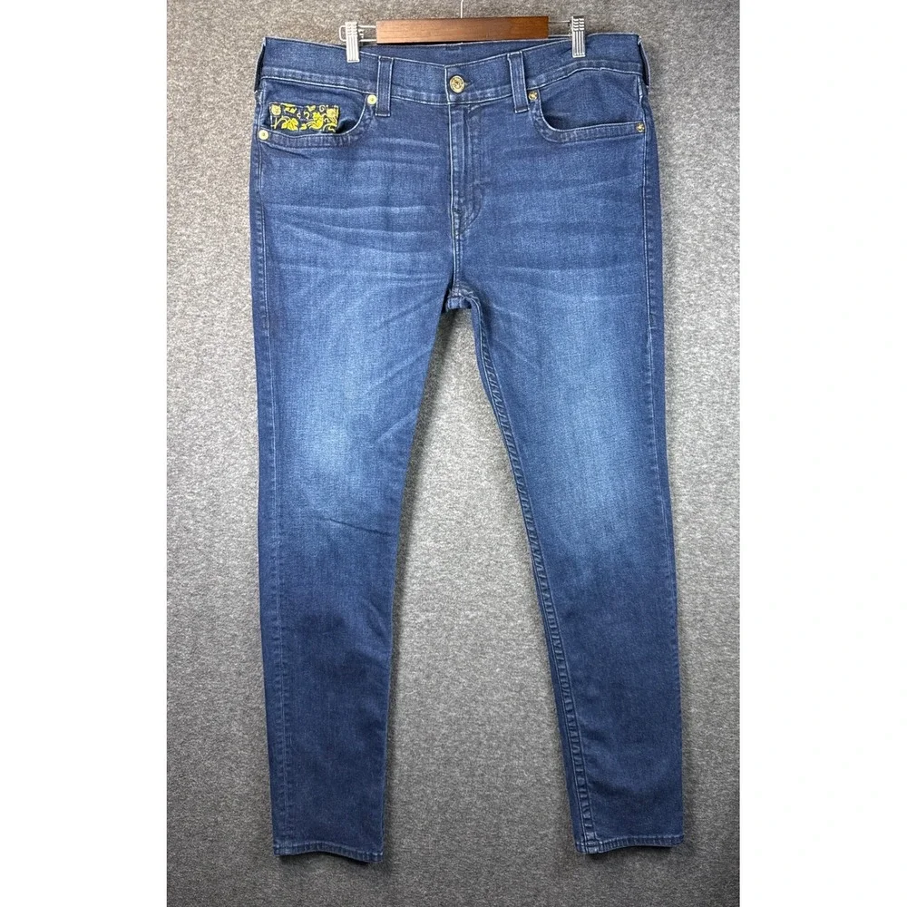 True Religion Mens Rocco No Flap SN Slim Fit Jeans Blue Gold Baroque Size 38 EUC